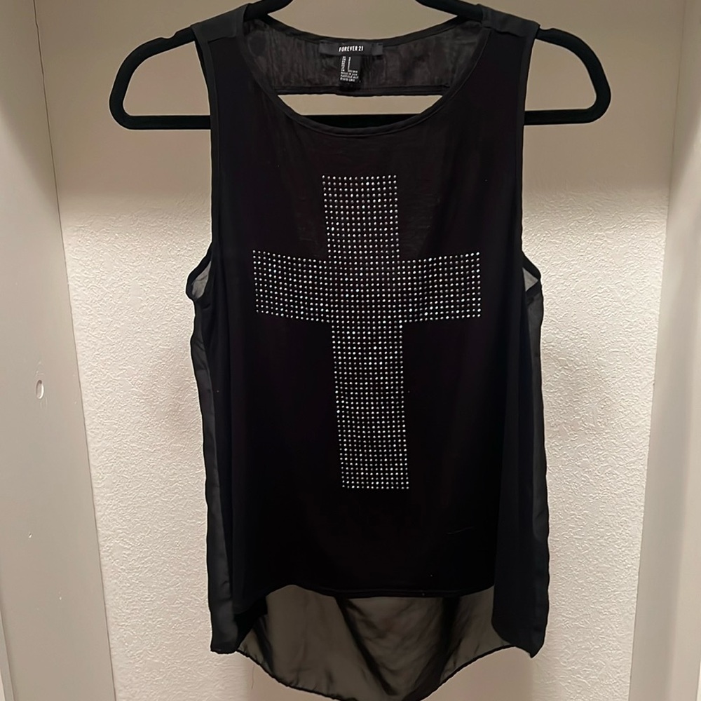 Unique high low tank with rhinestone cross